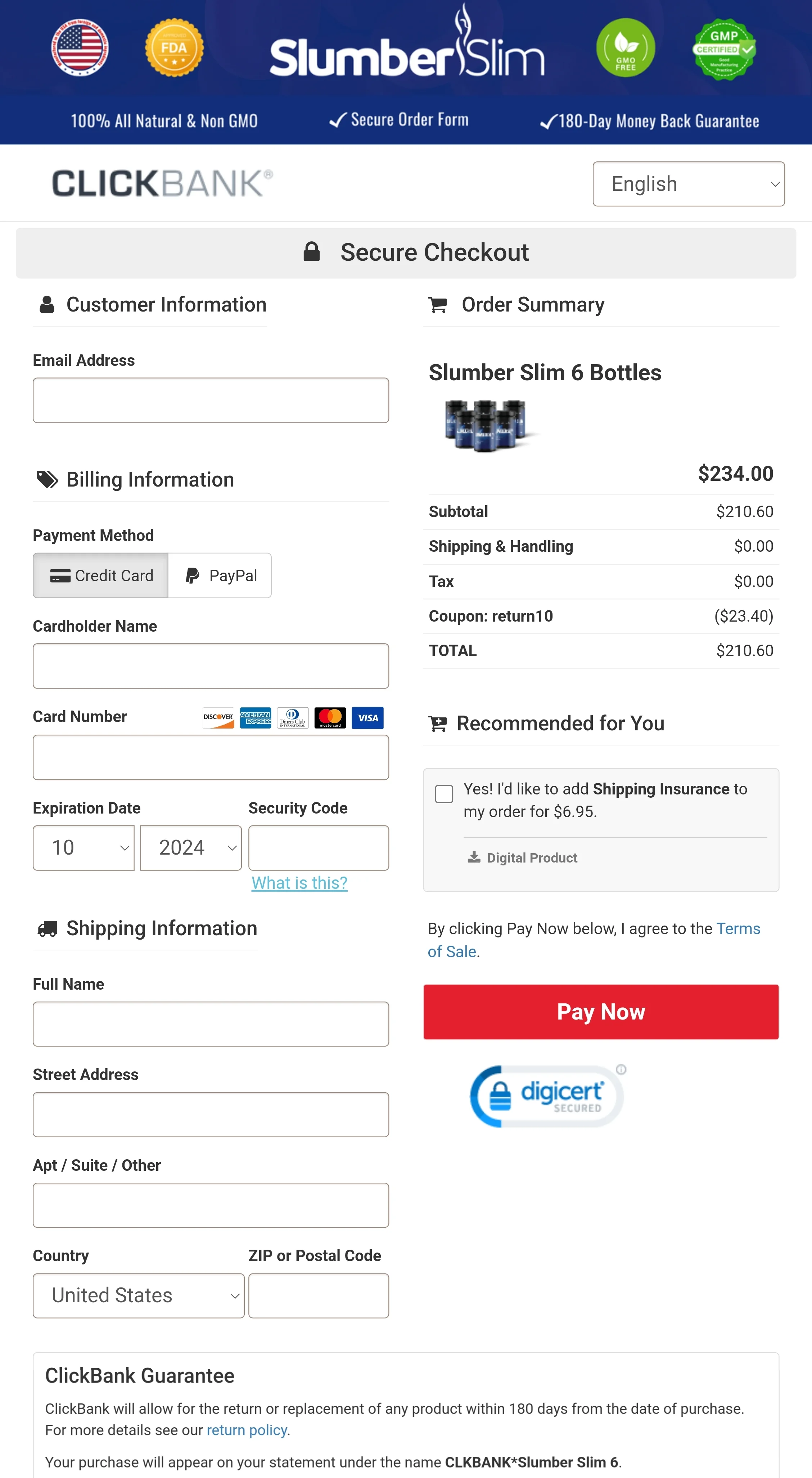 Slumber Slim Checkout Page
